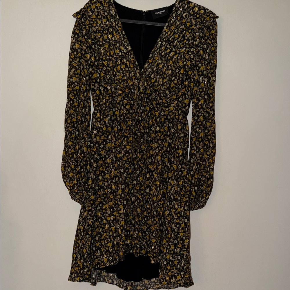 The Kooples Black Floral V-Neck Long Sleeve Dress with Yellow Accents